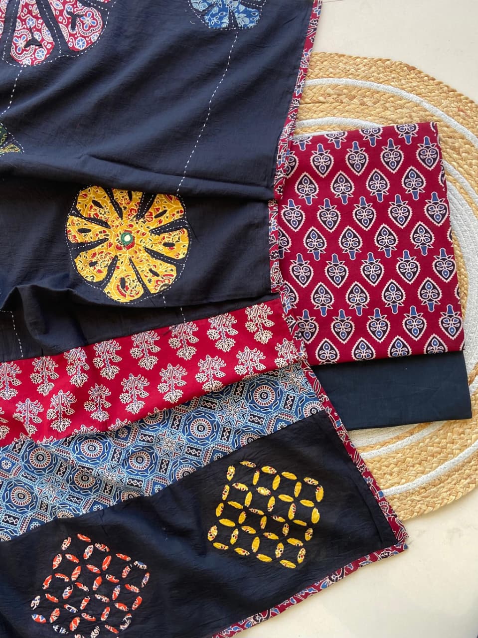 Pure Cotton Azrakh Print Unstitched Suit With Patch Work & Mirror Work Dupatta.