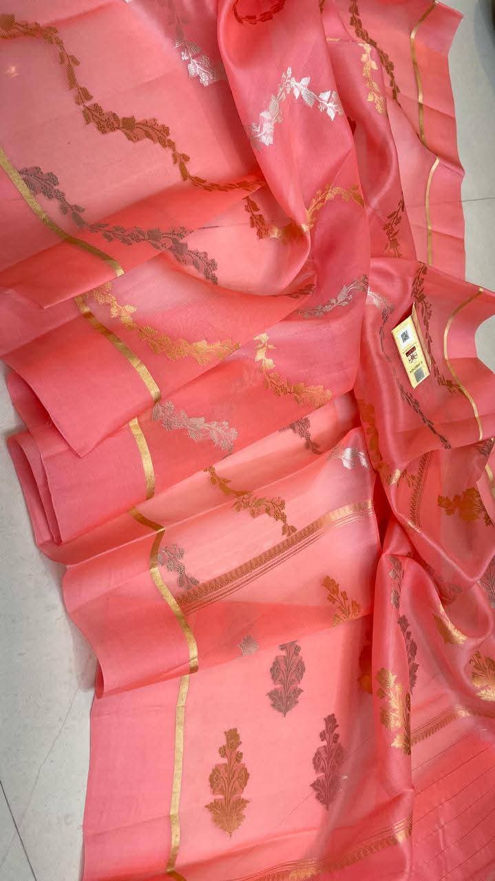 Exclusive Pure Banarasi Handloom Weaved Kora Silk Saree With Satin Border ( Silk Mark Certified)