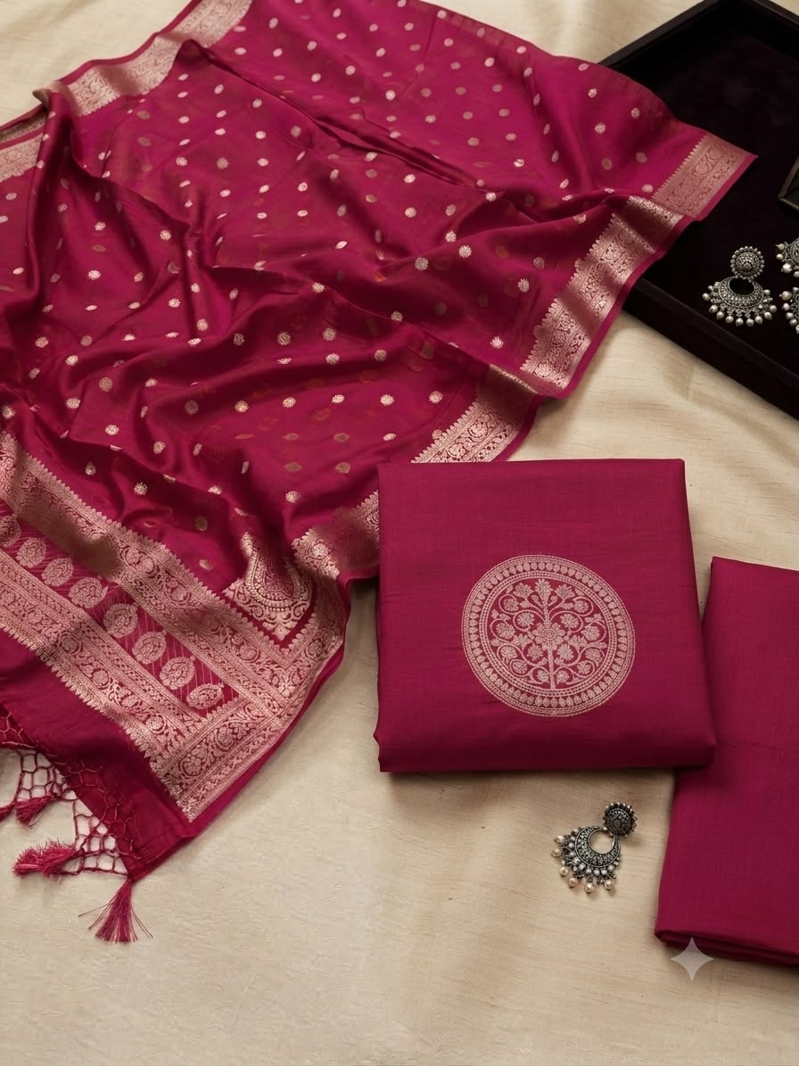 Pure Banarasi Maheshwari Silk Neck Wead Unstitched Suit.