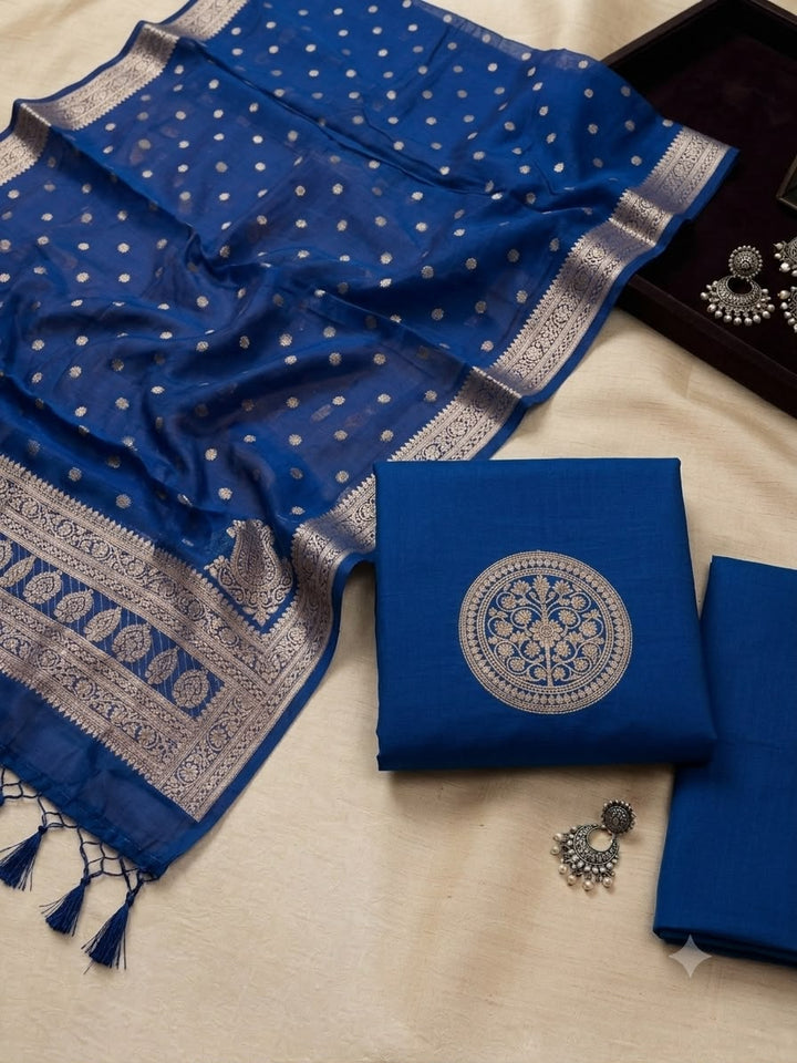 Pure Banarasi Maheshwari Silk Neck Wead Unstitched Suit.