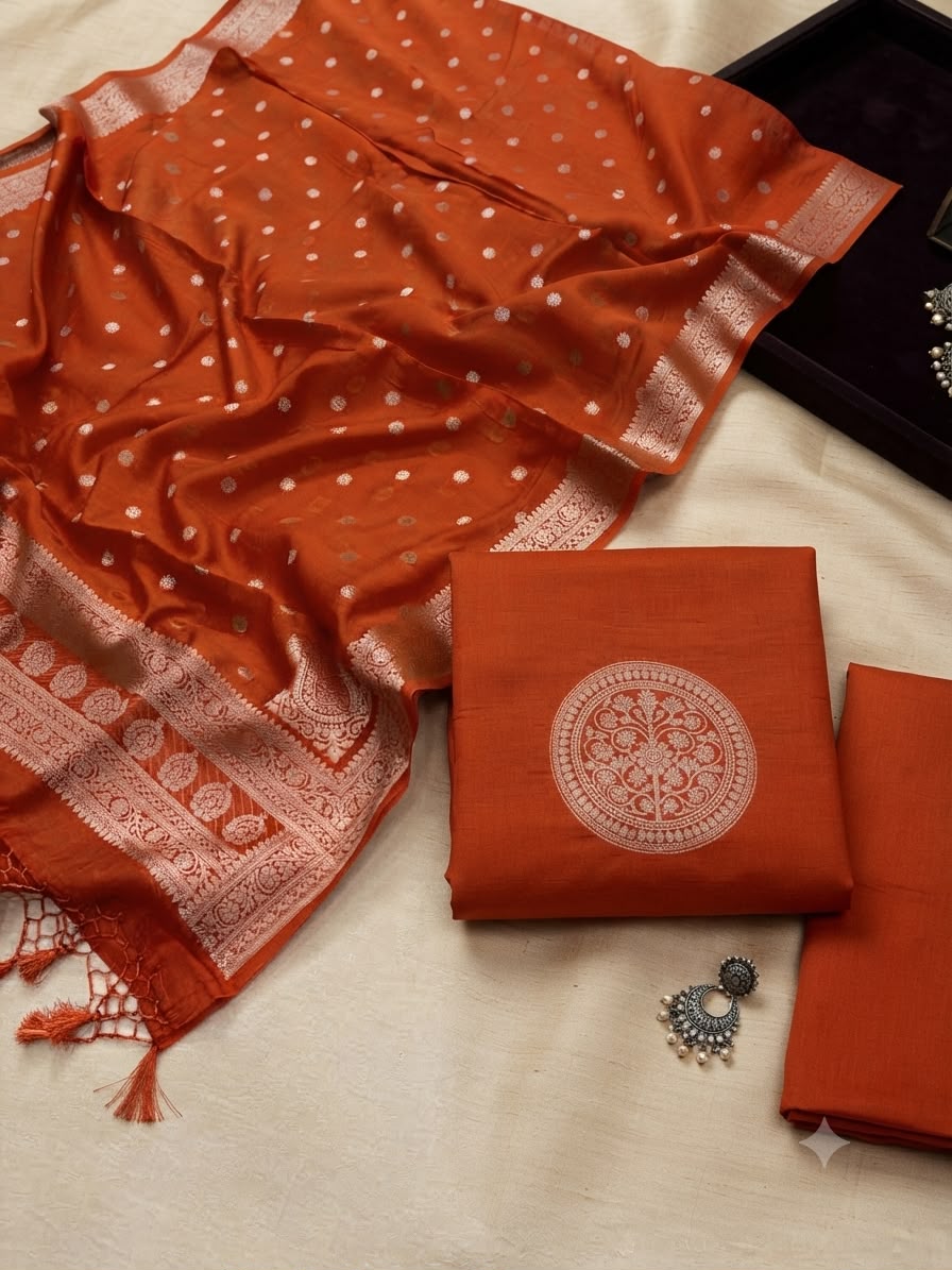 Pure Banarasi Maheshwari Silk Neck Wead Unstitched Suit.
