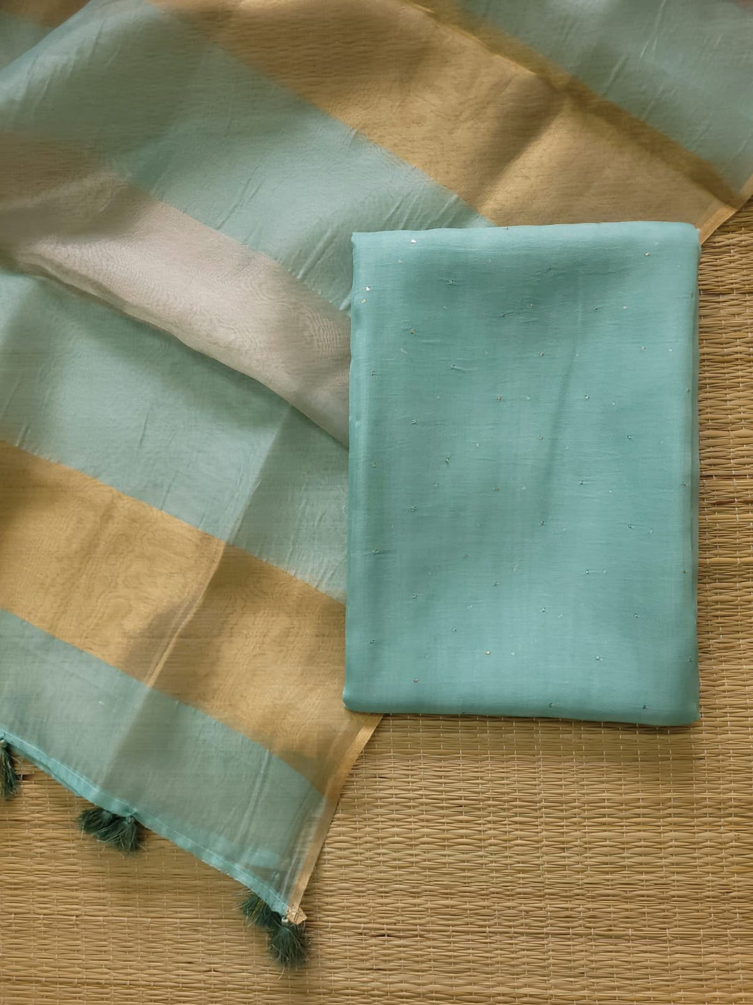 Pure Banarasi Organza Kora Silk Mukesh Work Unstitched Suit.