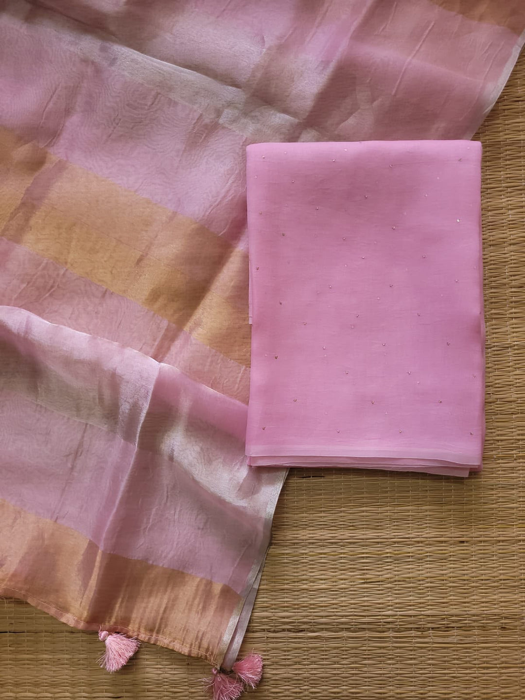 Pure Banarasi Organza Kora Silk Mukesh Work Unstitched Suit.