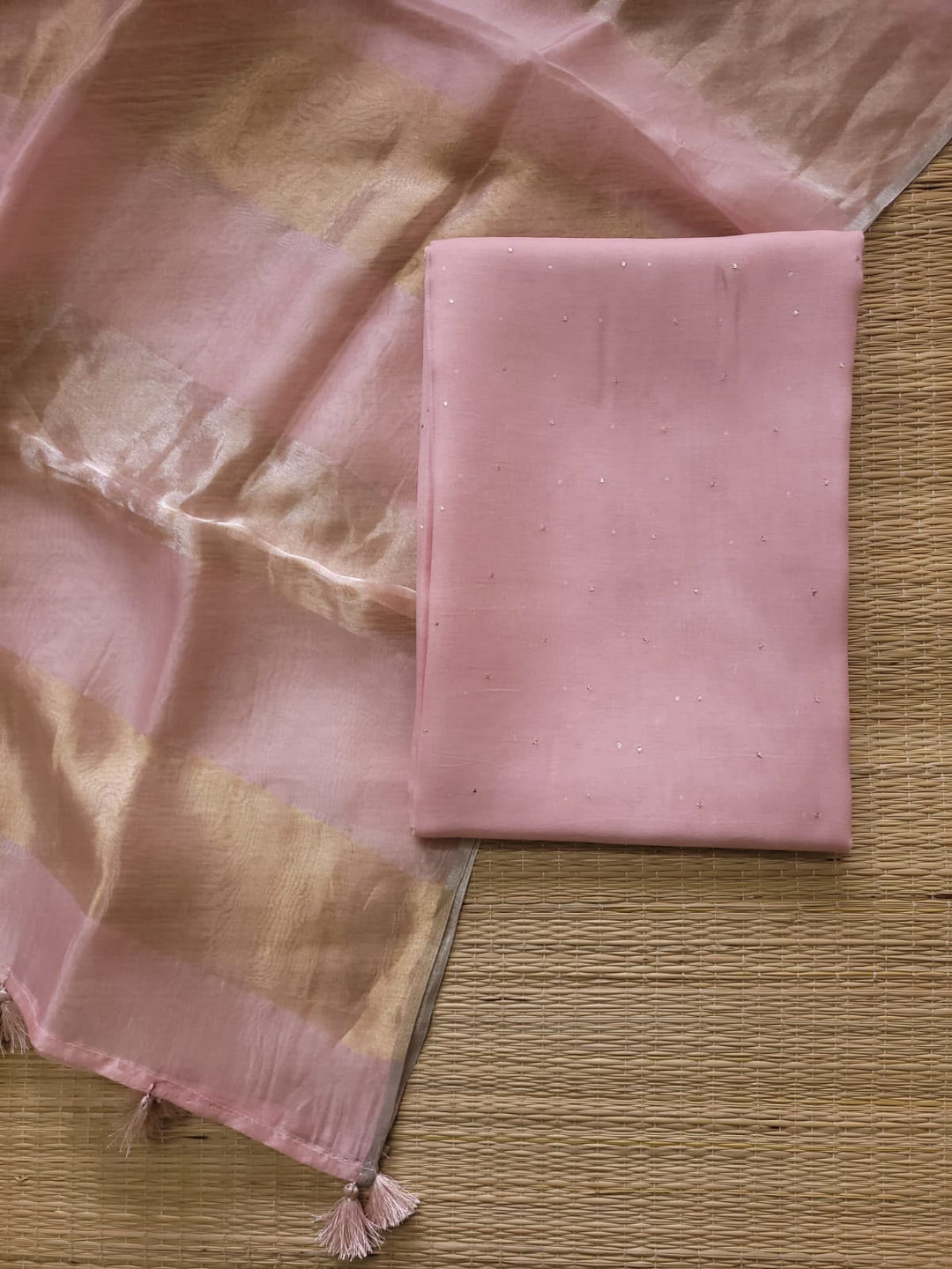 Pure Banarasi Organza Kora Silk Mukesh Work Unstitched Suit.