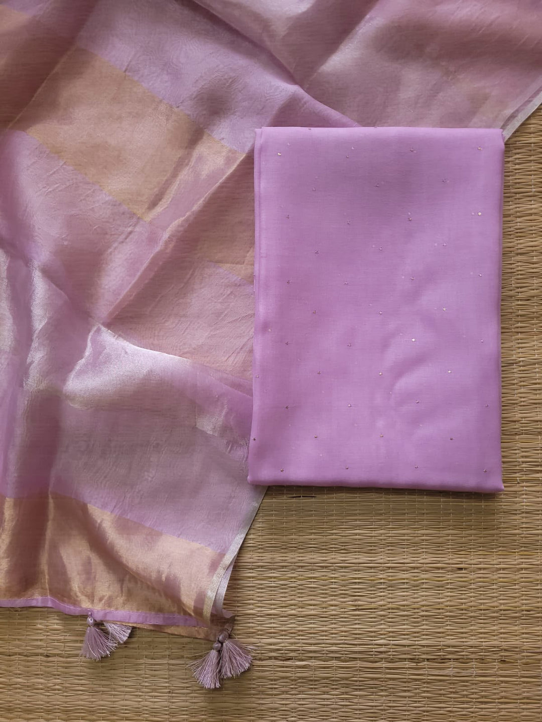 Pure Banarasi Organza Kora Silk Mukesh Work Unstitched Suit.