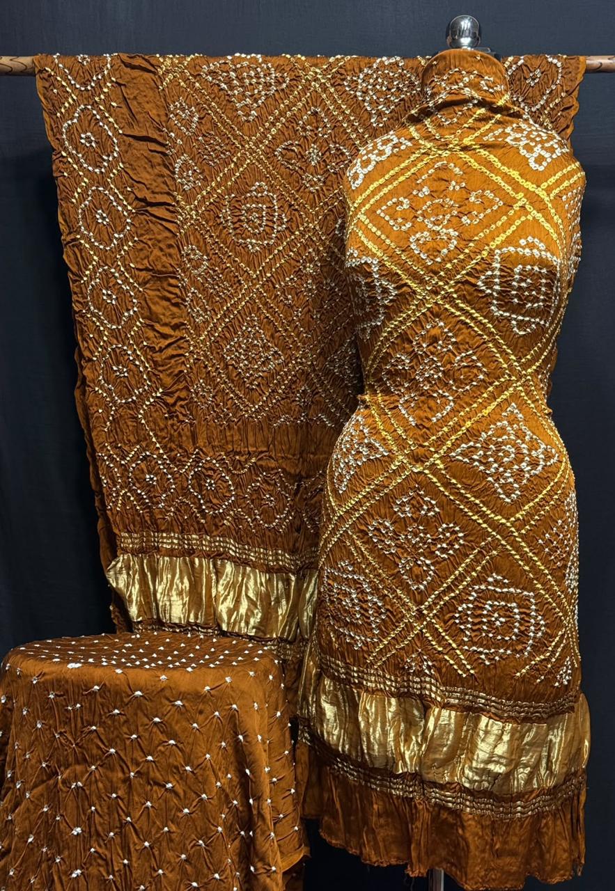 Pure Modal Silk Rayi Bandhej Print Unstitched Suit .