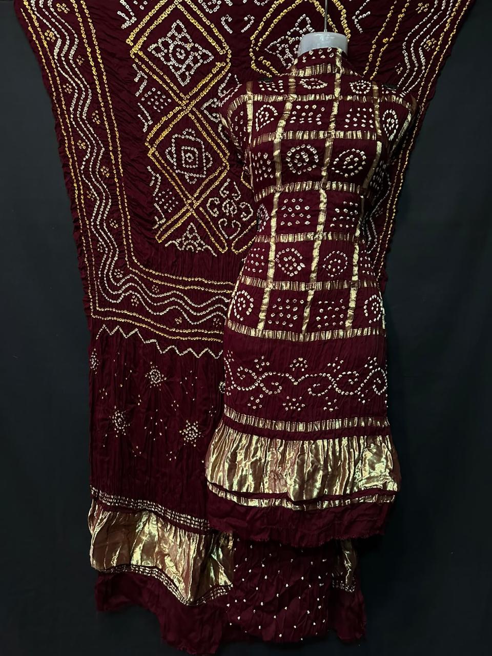 Pure Modal Silk Gharchola Bandhej Print Unstitched Suit .
