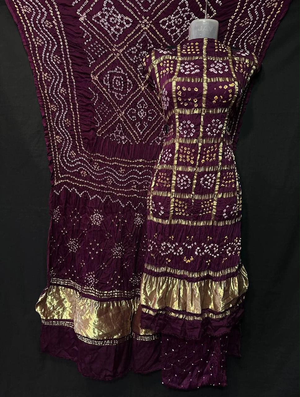 Pure Modal Silk Gharchola Bandhej Print Unstitched Suit .