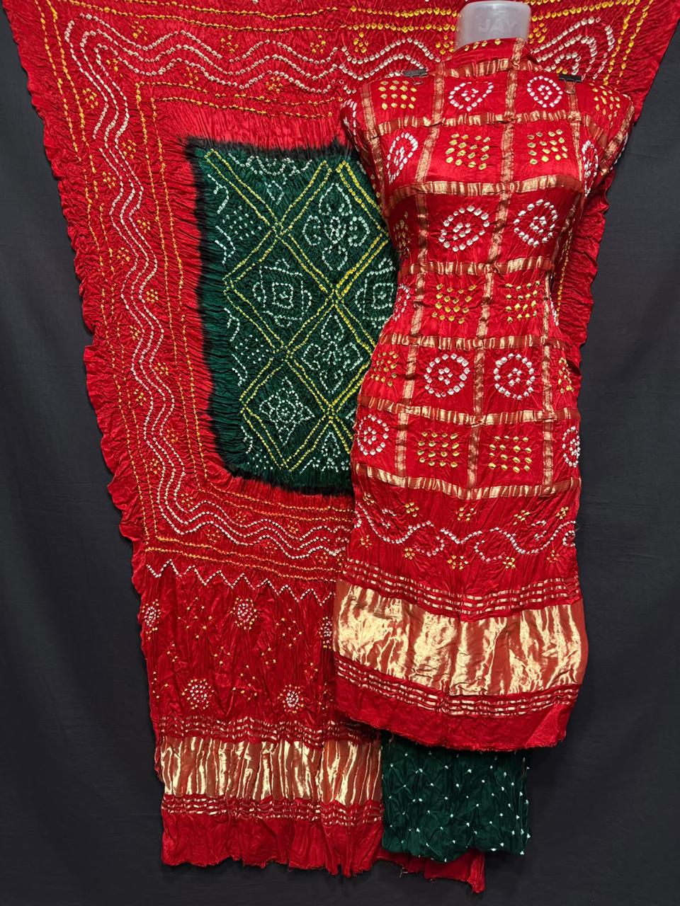 Pure Modal Silk Gharchola Bandhej Print Unstitched Suit .