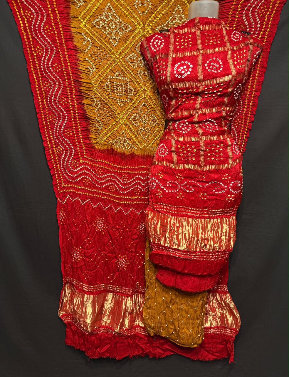 Pure Modal Silk Gharchola Bandhej Print Unstitched Suit .