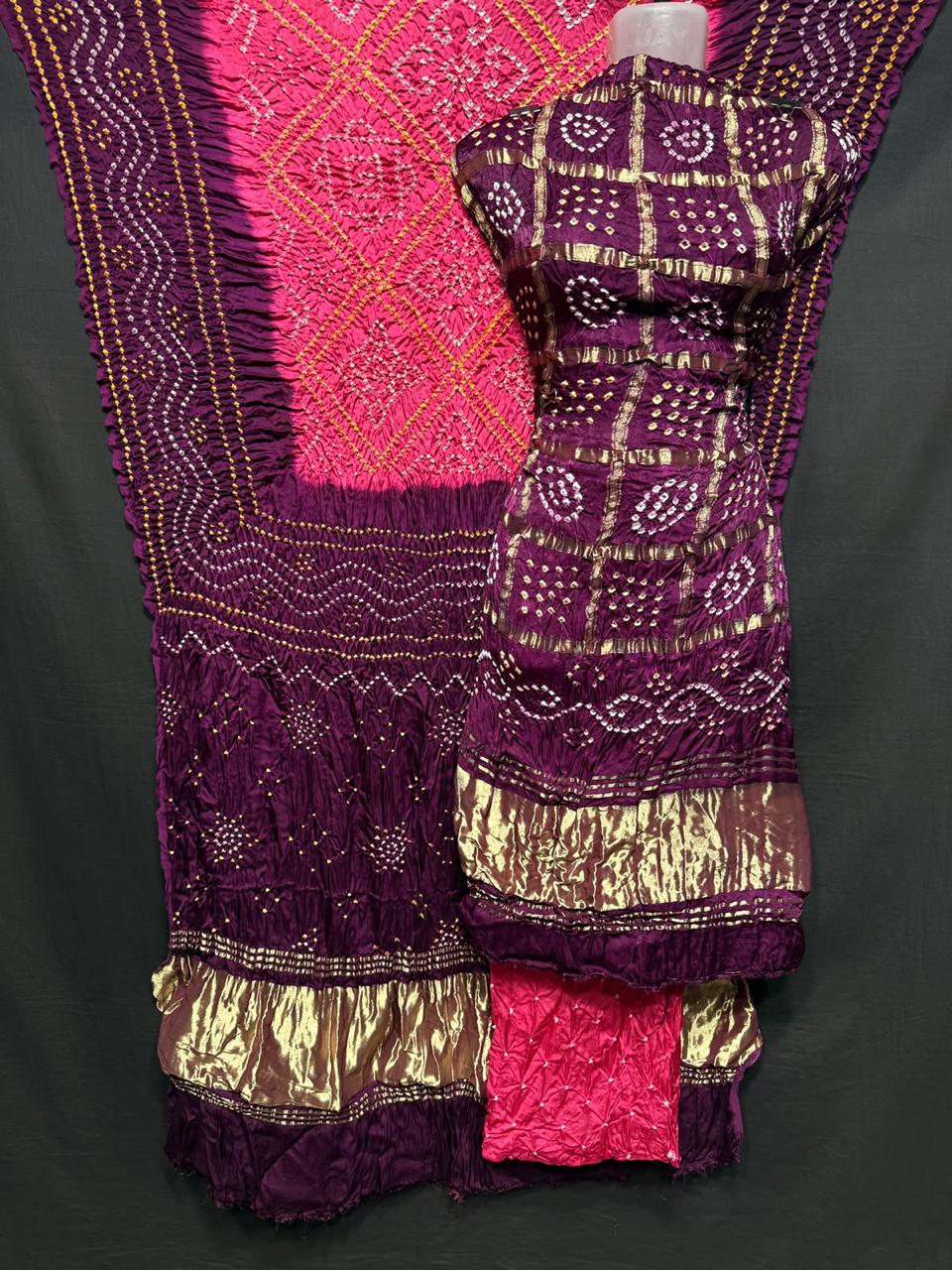Pure Modal Silk Gharchola Bandhej Print Unstitched Suit .