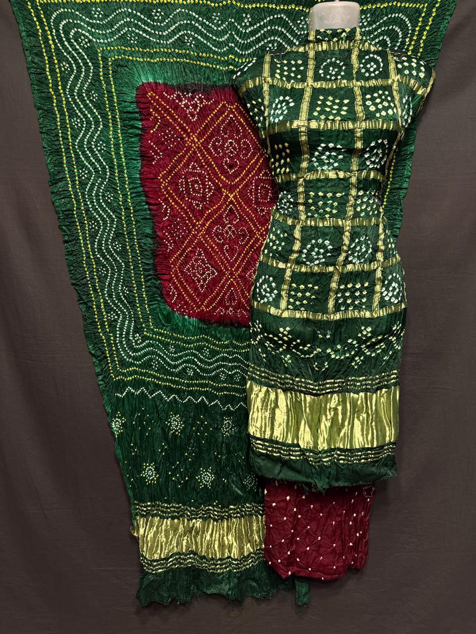 Pure Modal Silk Gharchola Bandhej Print Unstitched Suit .