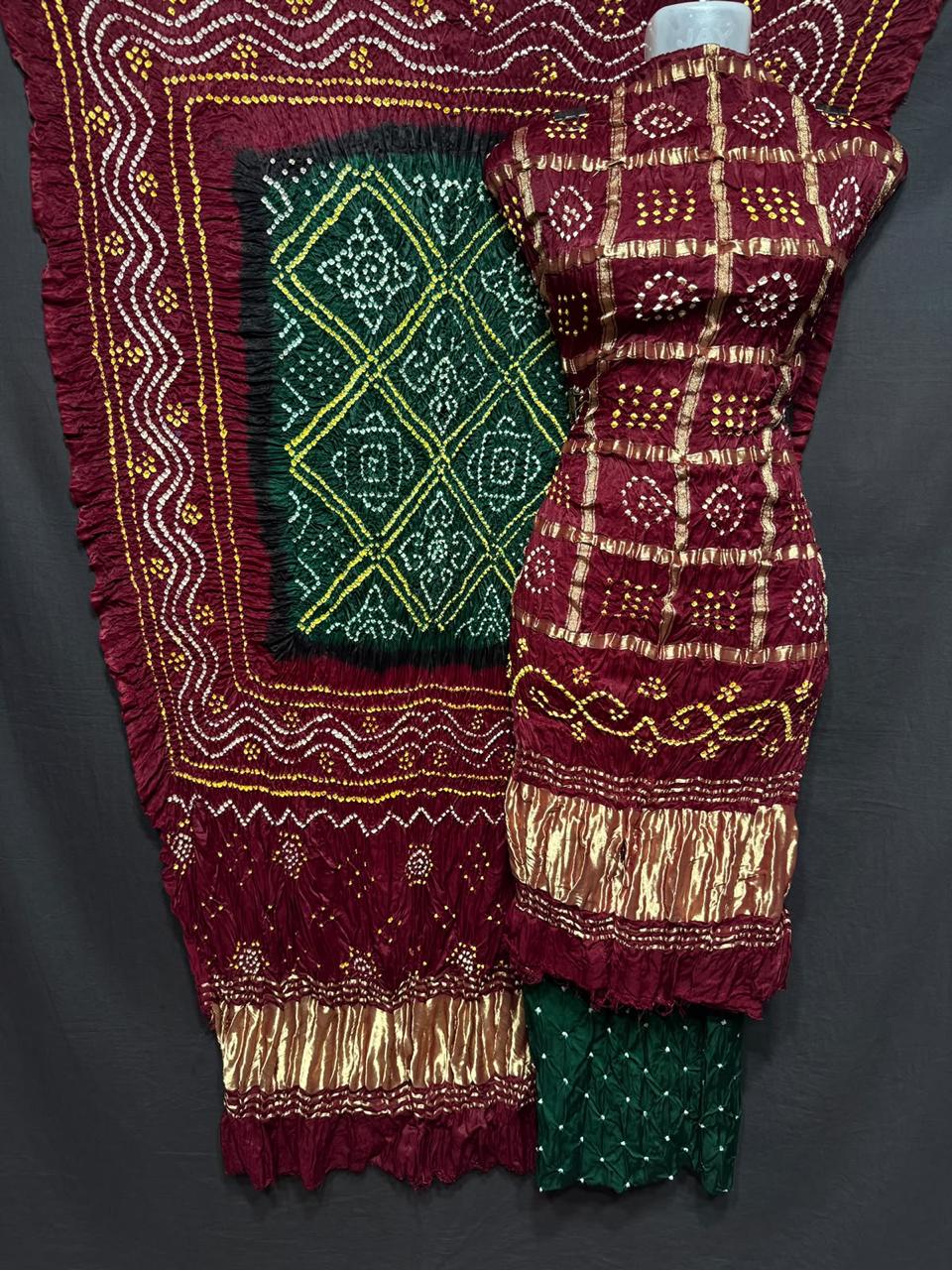 Pure Modal Silk Gharchola Bandhej Print Unstitched Suit .