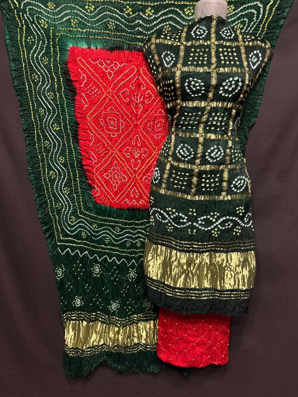 Pure Modal Silk Gharchola Bandhej Print Unstitched Suit .