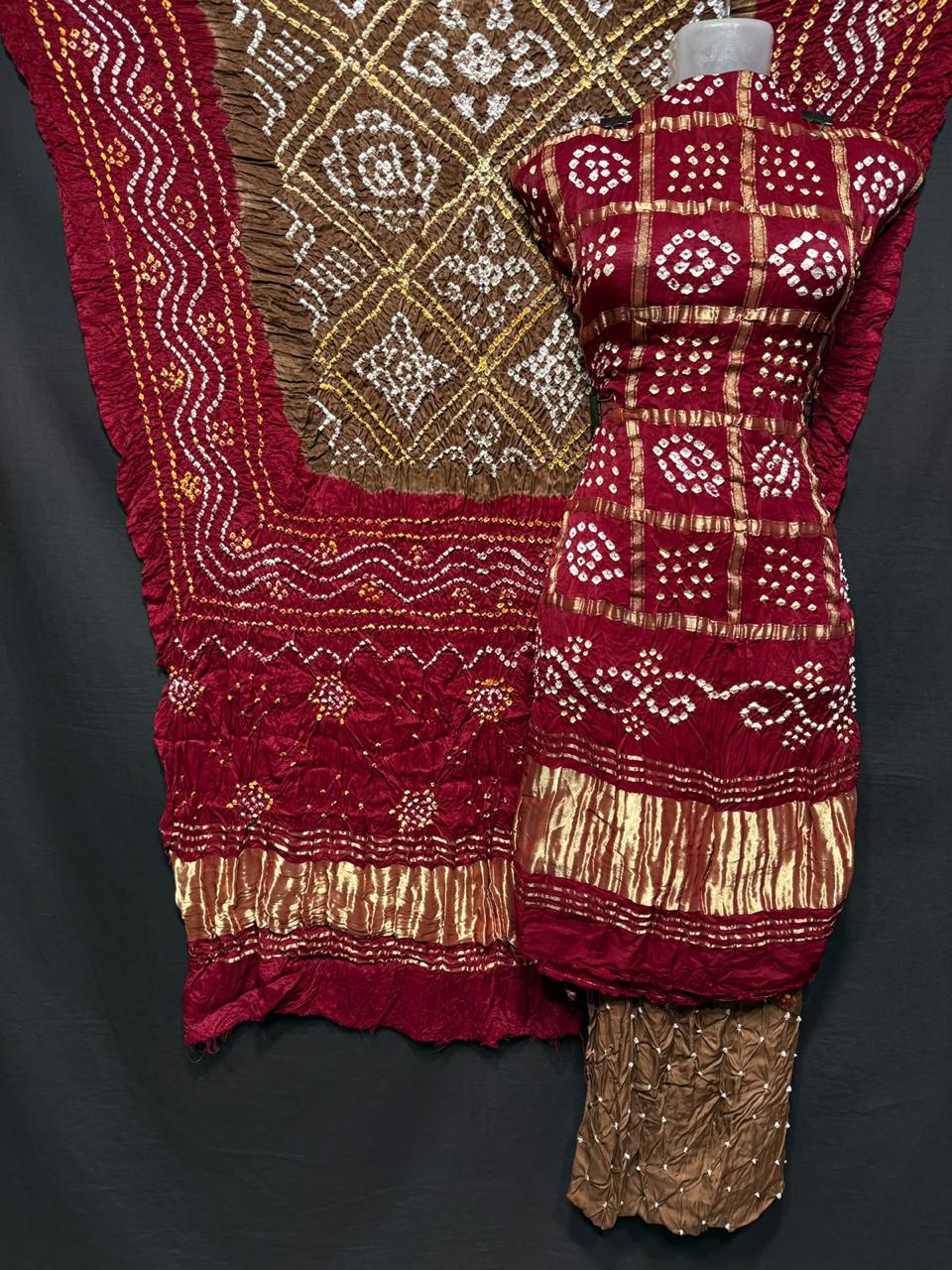 Pure Modal Silk Gharchola Bandhej Print Unstitched Suit .