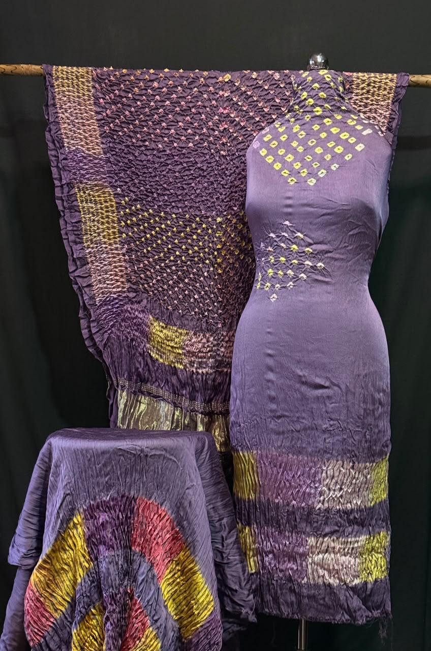 Pure Modal Silk Rayi Bandhej Hand Dyed Shibori  Unstitched Suit.