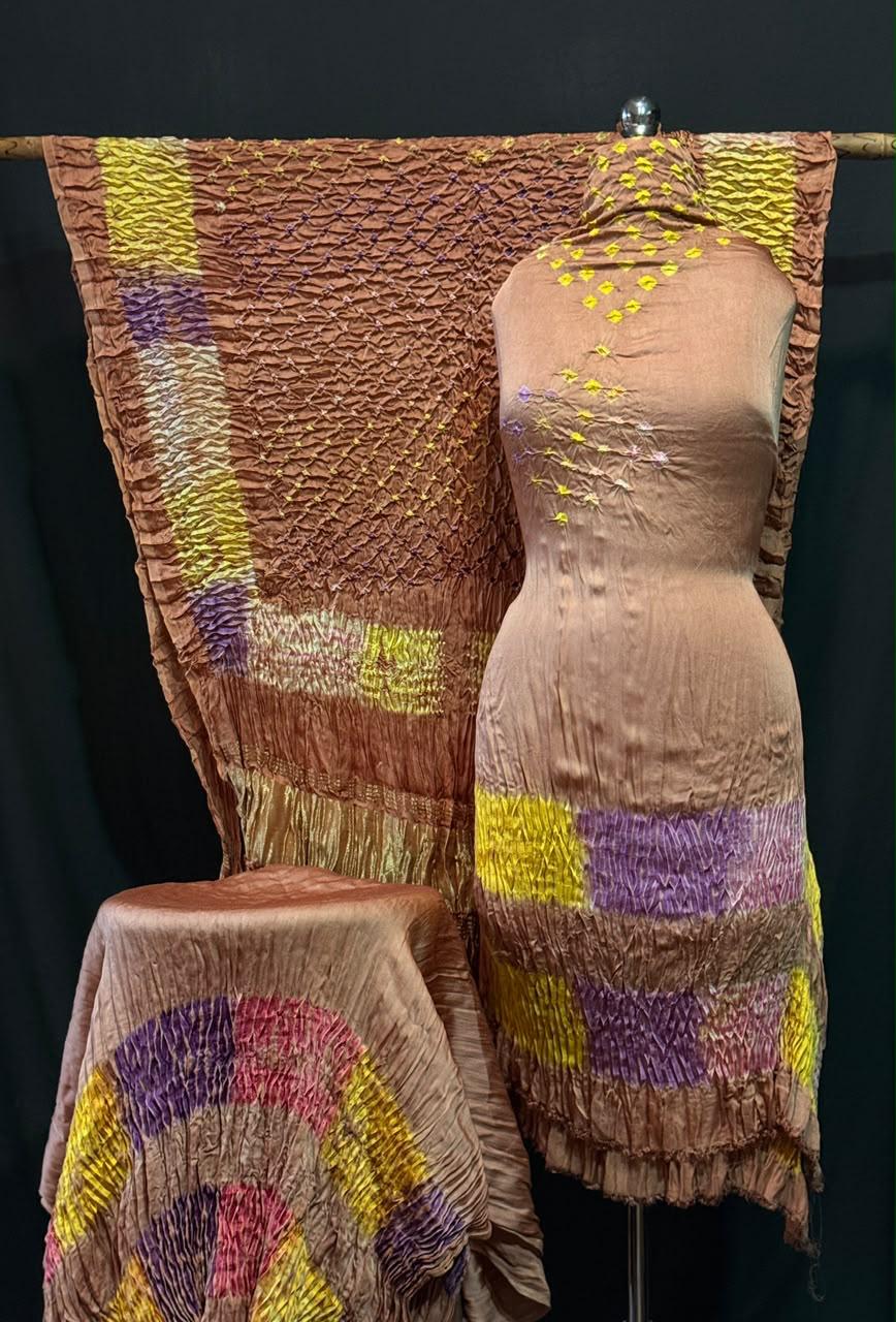 Pure Modal Silk Rayi Bandhej Hand Dyed Shibori  Unstitched Suit.