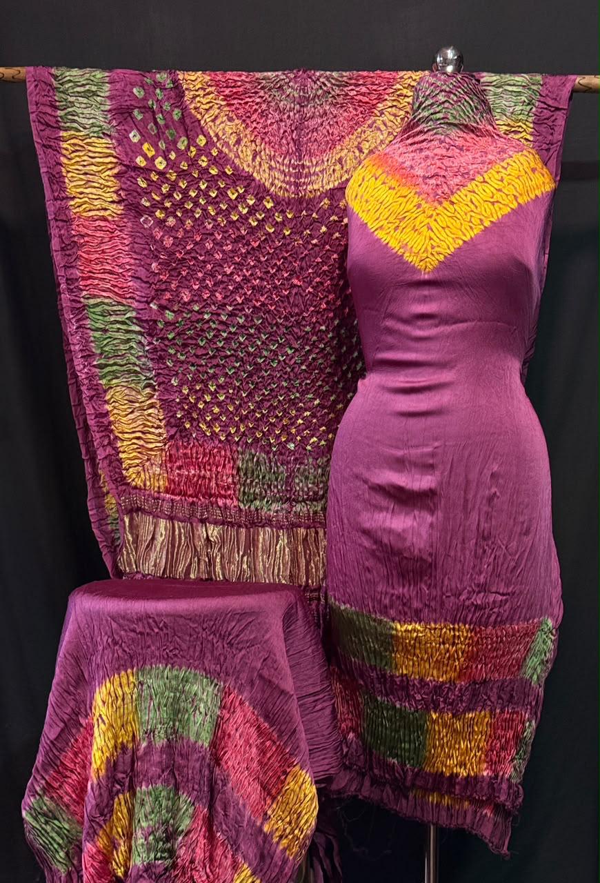 Pure Modal Silk Rayi Bandhej Hand Dyed Shibori  Unstitched Suit.