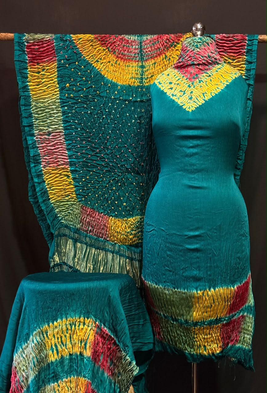 Pure Modal Silk Rayi Bandhej Hand Dyed Shibori  Unstitched Suit.