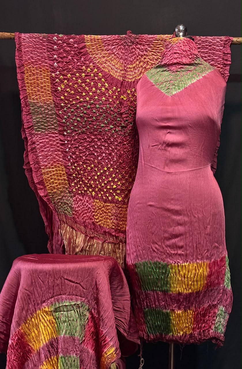 Pure Modal Silk Rayi Bandhej Hand Dyed Shibori  Unstitched Suit.