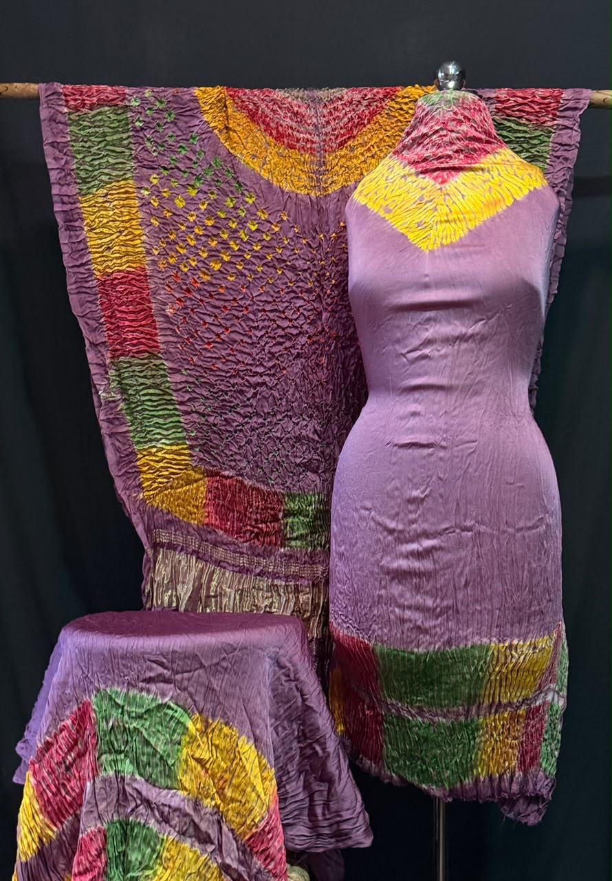 Pure Modal Silk Rayi Bandhej Hand Dyed Shibori  Unstitched Suit.