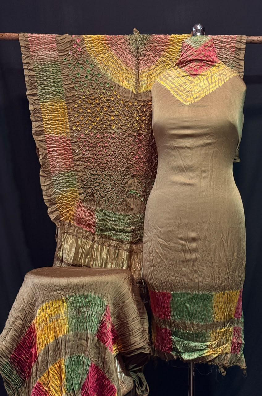 Pure Modal Silk Rayi Bandhej Hand Dyed Shibori  Unstitched Suit.