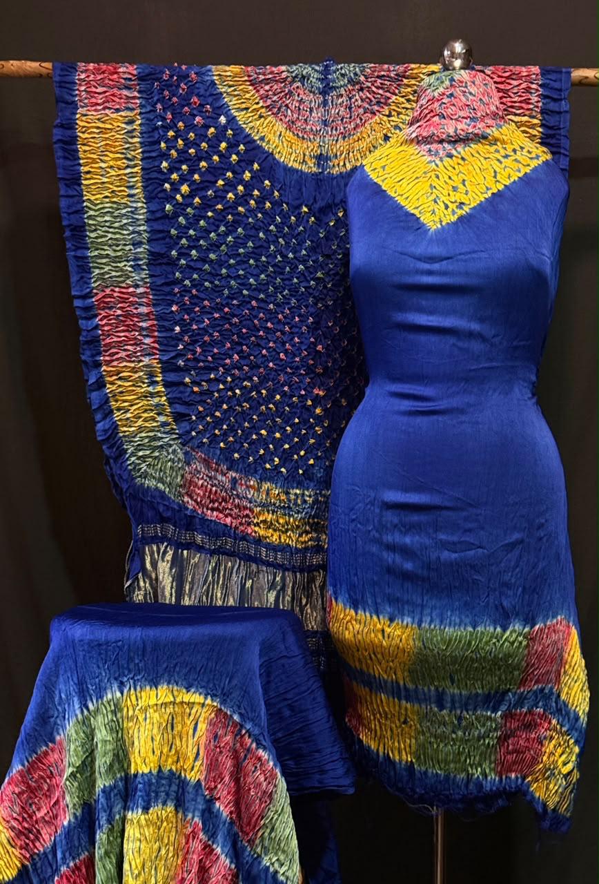Pure Modal Silk Rayi Bandhej Hand Dyed Shibori  Unstitched Suit.