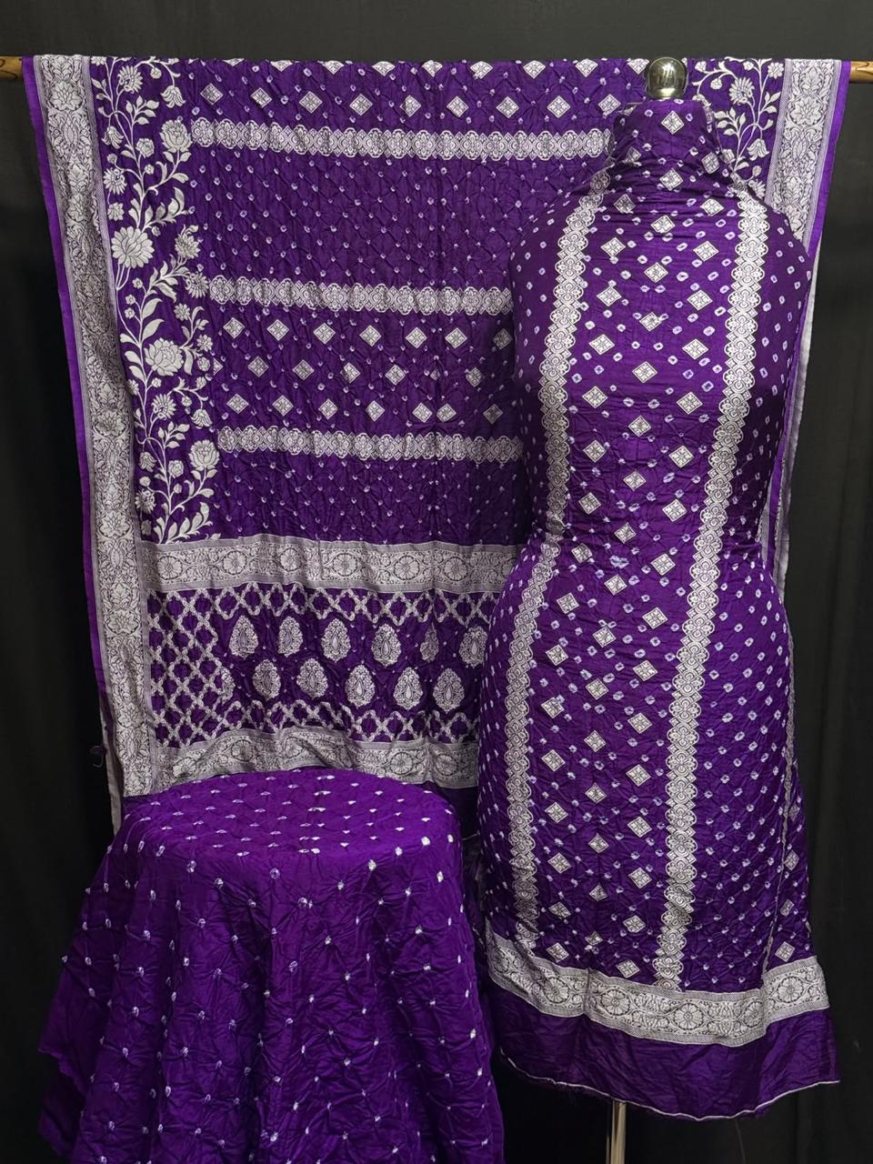 Pure Dupion silk Kashmiri Weavd Rayi Bandhej  Unstitched Suit.