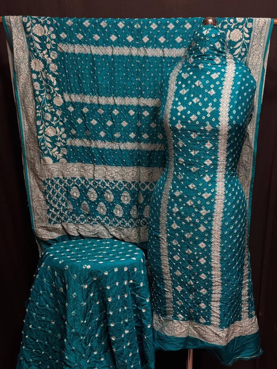 Pure Dupion silk Kashmiri Weavd Rayi Bandhej  Unstitched Suit.