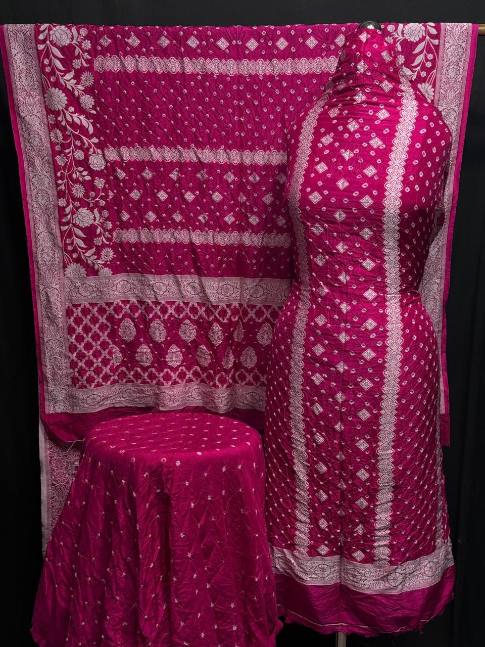 Pure Dupion silk Kashmiri Weavd Rayi Bandhej  Unstitched Suit.