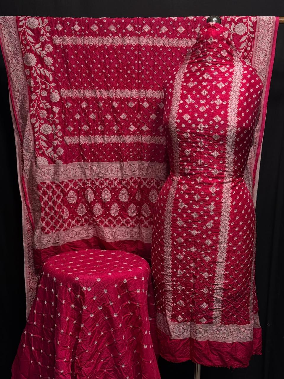 Pure Dupion silk Kashmiri Weavd Rayi Bandhej  Unstitched Suit.