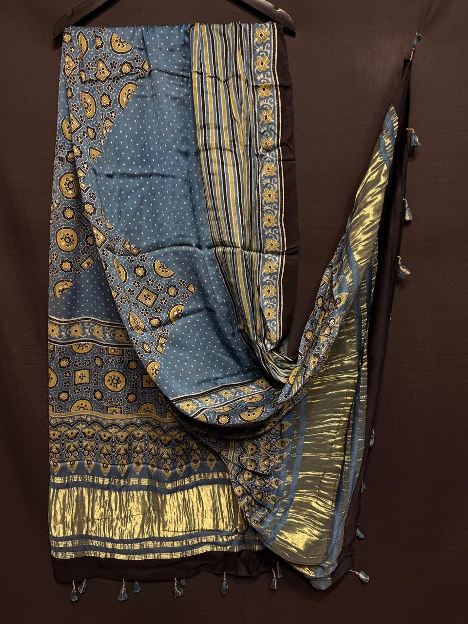 Pure Modal Silk Ajrakh Print Heavy Tissue Pallu Dupatta