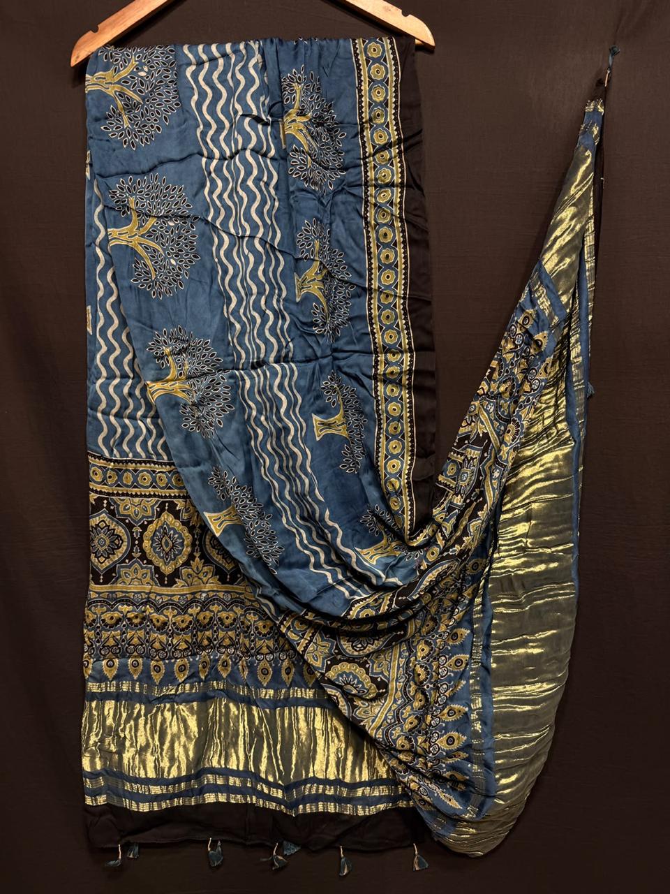 Pure Modal Silk Ajrakh Print Heavy Tissue Pallu Dupatta