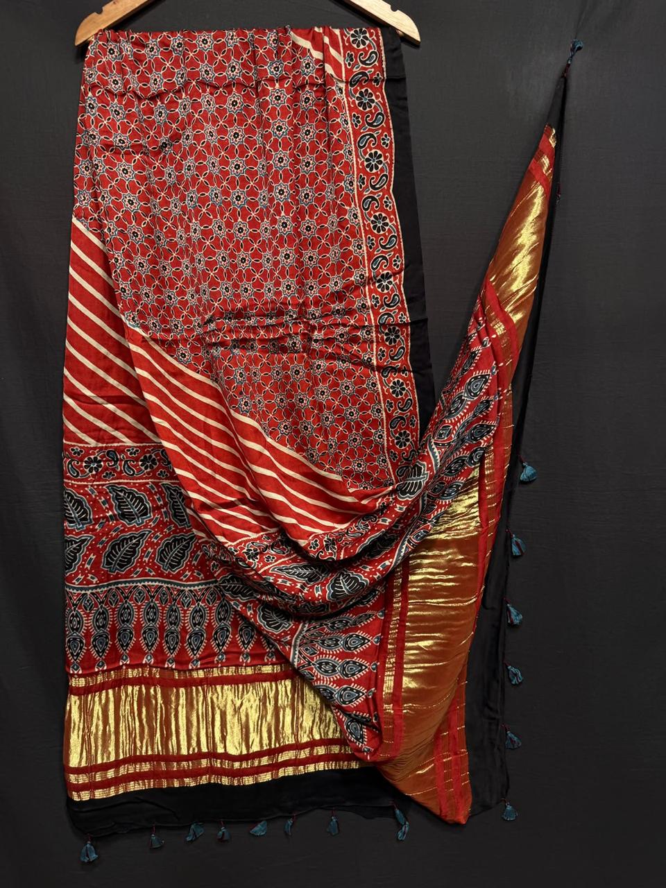 Pure Modal Silk Ajrakh Print Heavy Tissue Pallu Dupatta