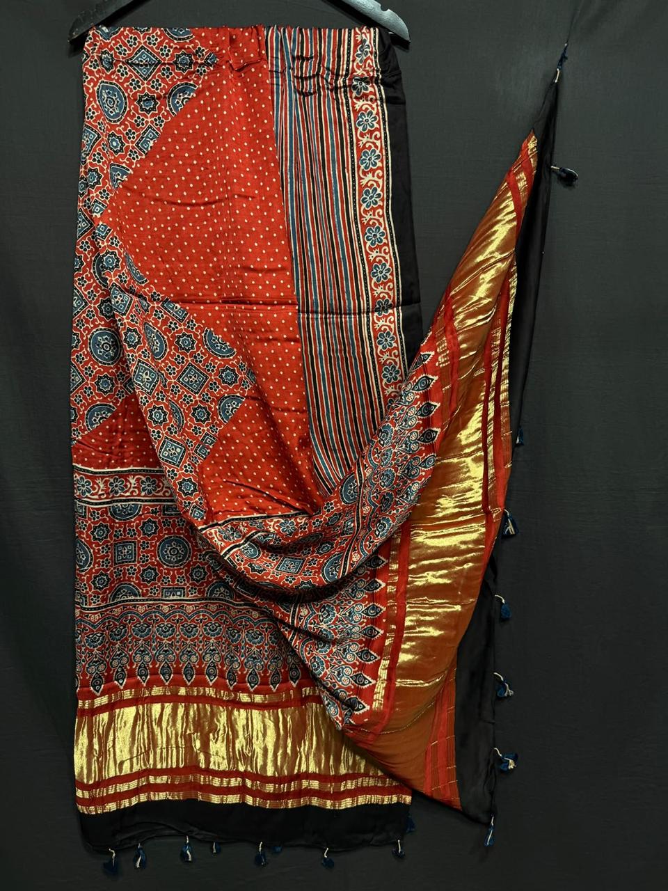 Pure Modal Silk Ajrakh Print Heavy Tissue Pallu Dupatta