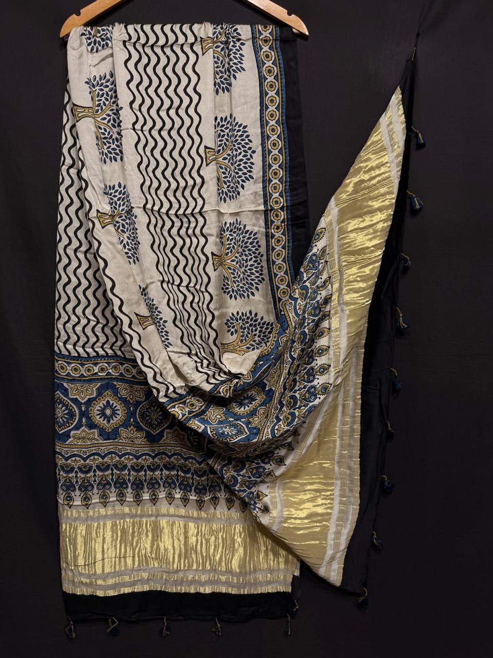 Pure Modal Silk Ajrakh Print Heavy Tissue Pallu Dupatta