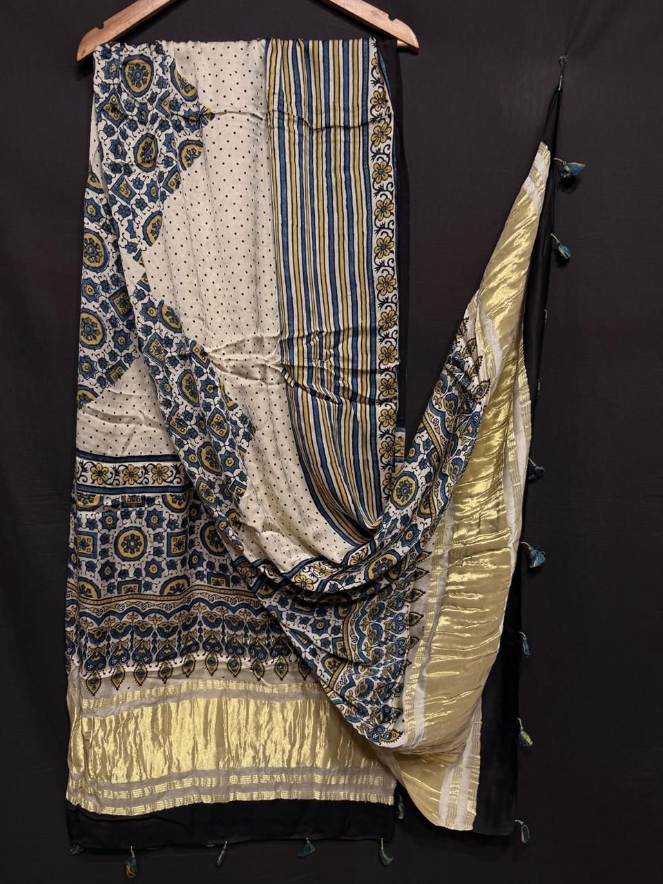 Pure Modal Silk Ajrakh Print Heavy Tissue Pallu Dupatta