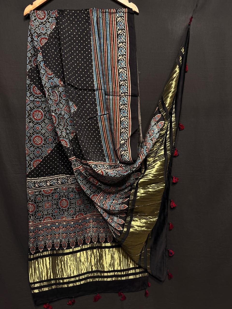 Pure Modal Silk Ajrakh Print Heavy Tissue Pallu Dupatta.