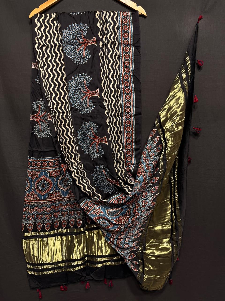 Pure Modal Silk Ajrakh Print Heavy Tissue Pallu Dupatta.
