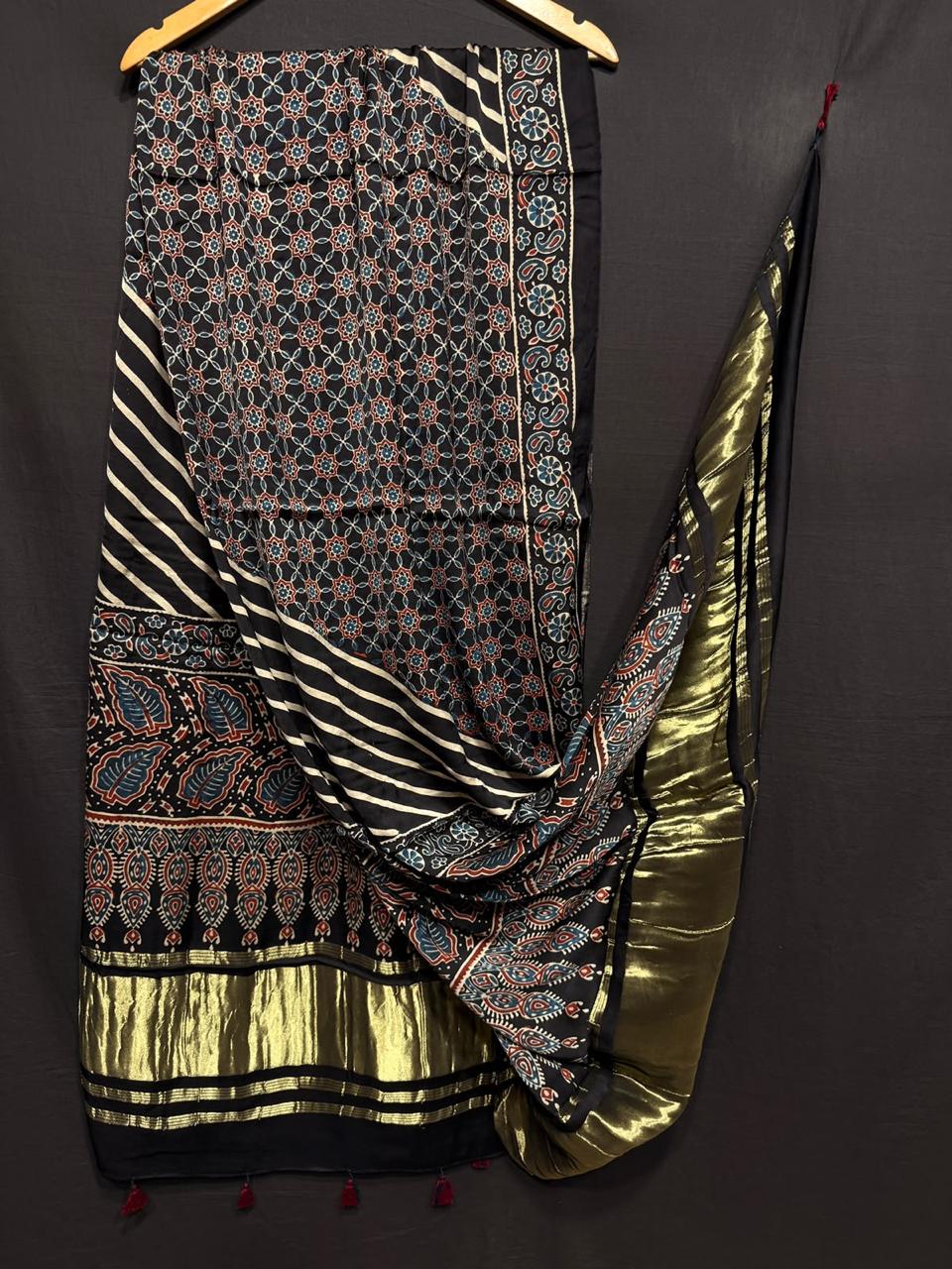 Pure Modal Silk Ajrakh Print Heavy Tissue Pallu Dupatta.