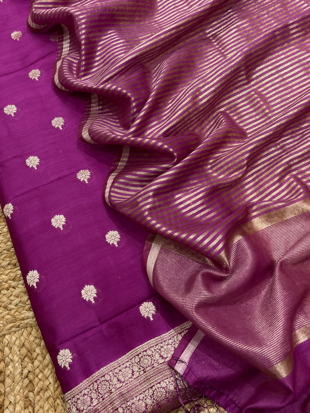 Pure Banarasi Chanderi Silk Unstitched suit with zari stripe Dupatta