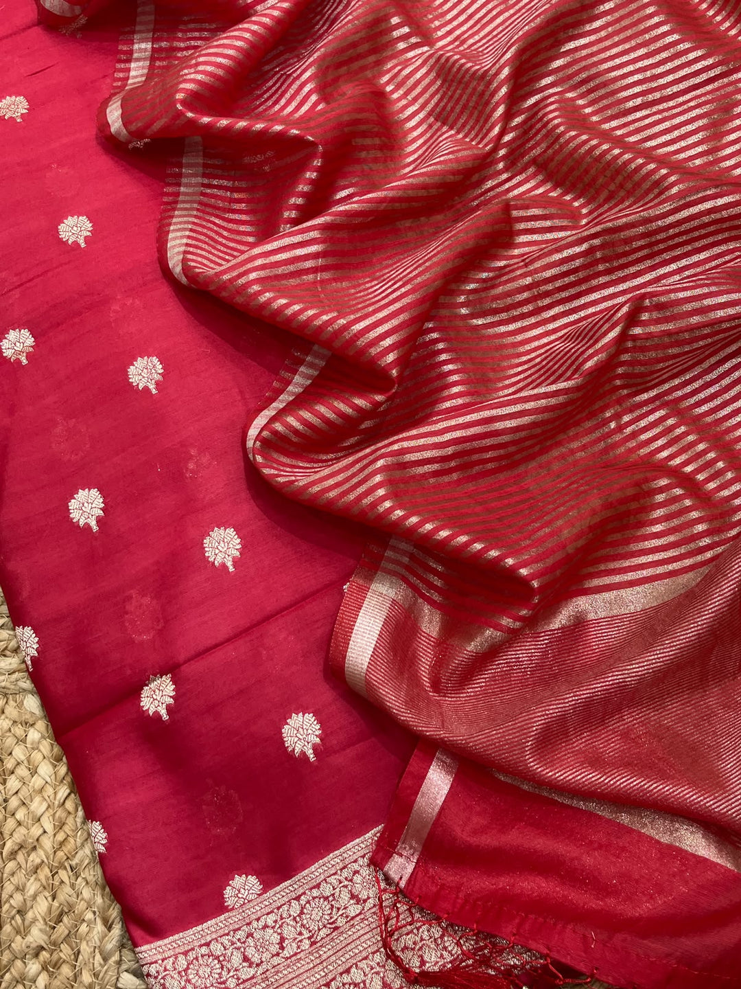 Pure Banarasi Chanderi Silk Unstitched suit with zari stripe Dupatta