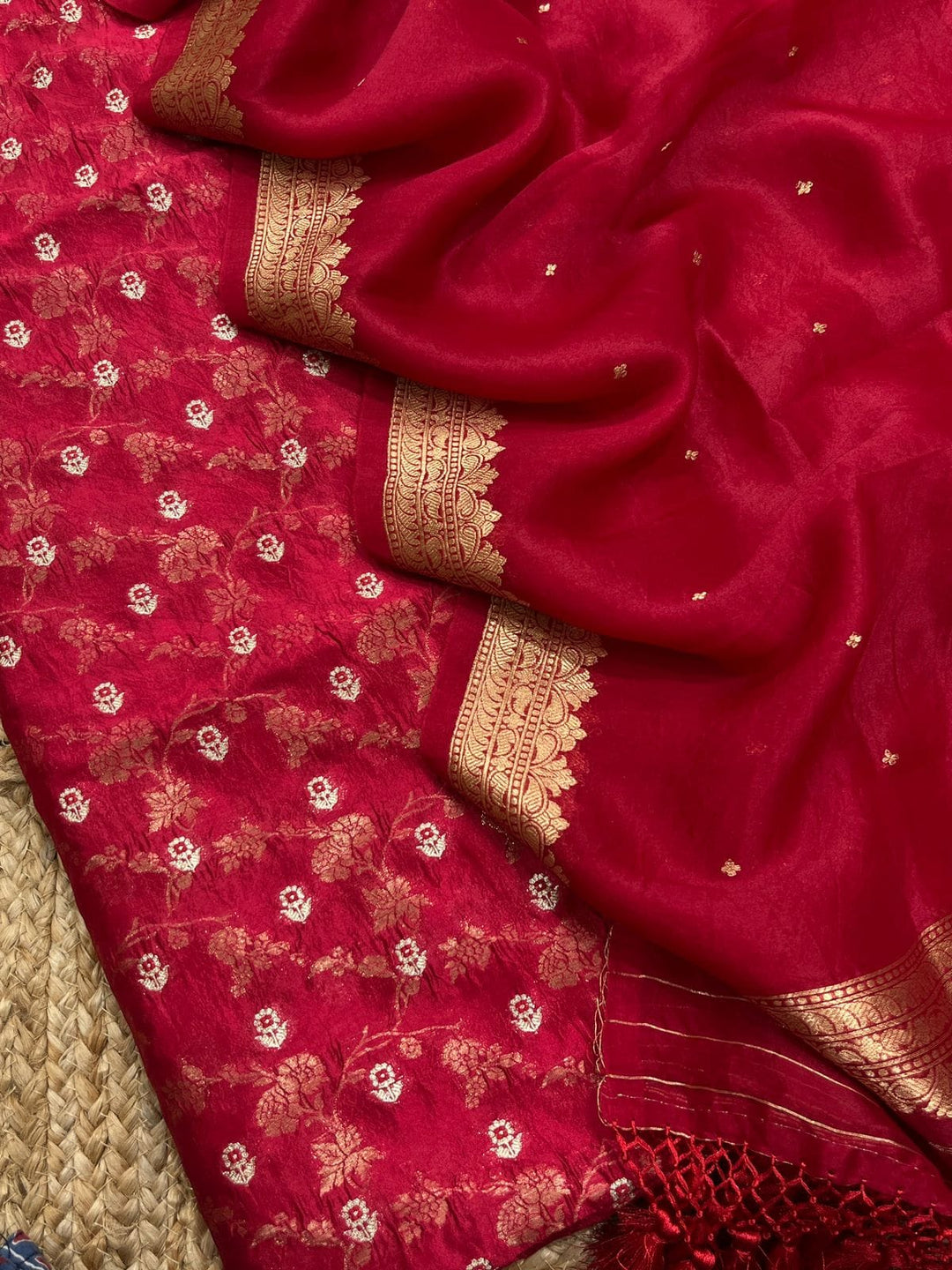 Pure Banarasi Raw Mango Silk Zari Weaved Unstitched Suit with Khaddi Organza Dupatta