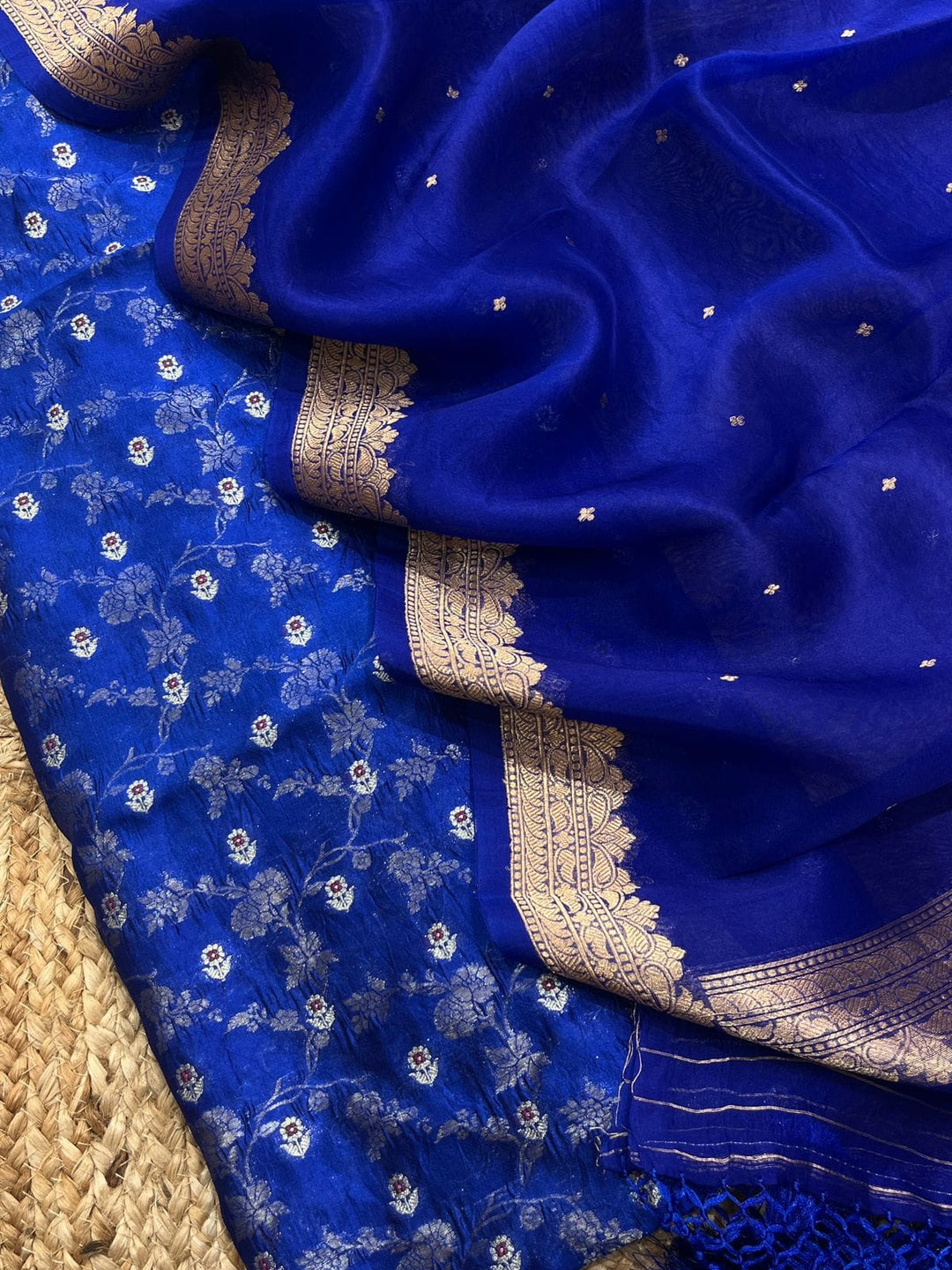 Pure Banarasi Raw Mango Silk Zari Weaved Unstitched Suit with Khaddi Organza Dupatta