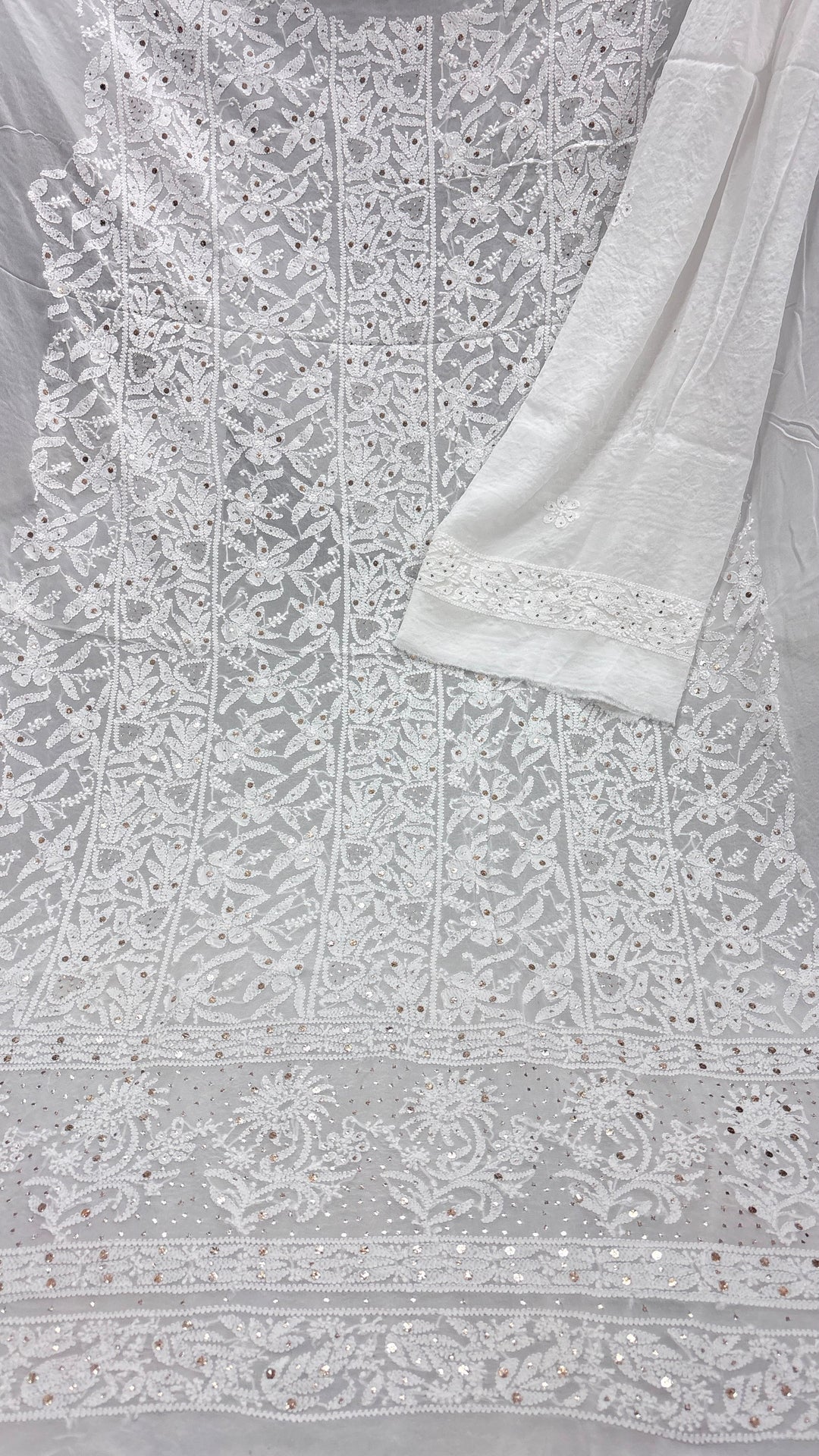 Pure Viscose Georgette Chikankari And Mukesh Work Unstitched Suit.