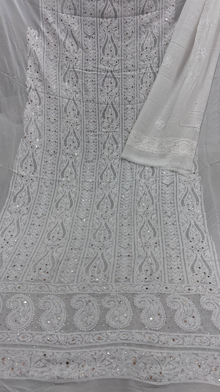Pure Viscose Georgette Chikankari And Mukesh Work Unstitched Suit.