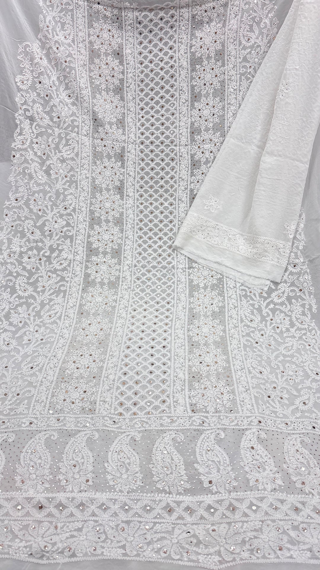 Pure Viscose Georgette Chikankari And Mukesh Work Unstitched Suit.