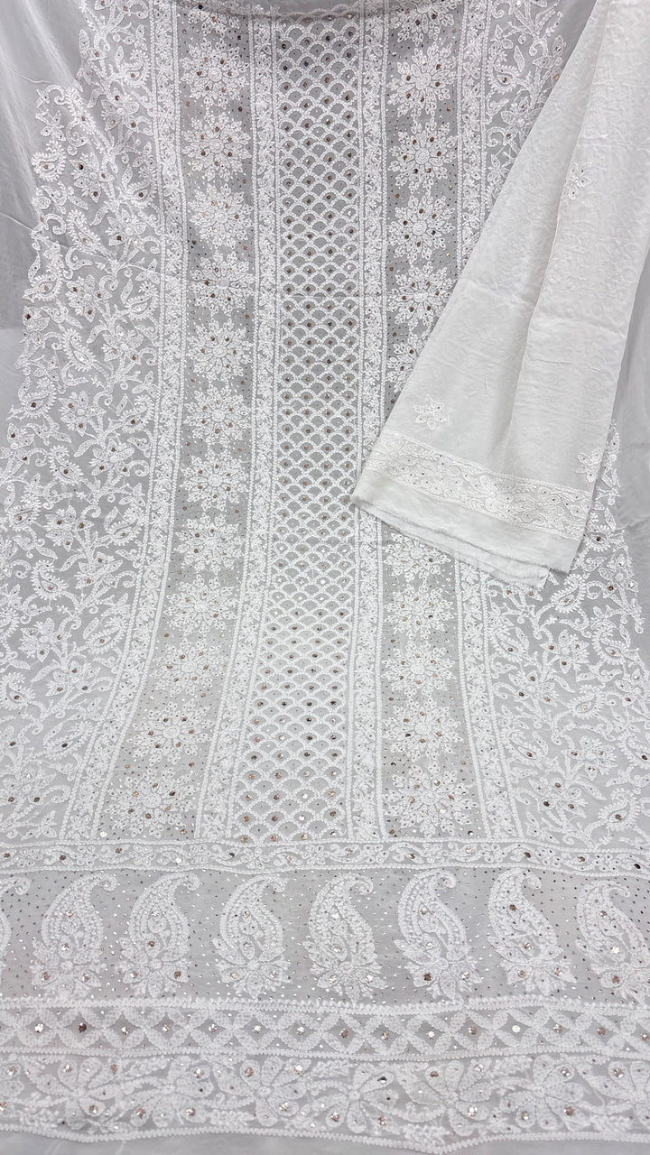 Pure Viscose Georgette Chikankari And Mukesh Work Unstitched Suit.