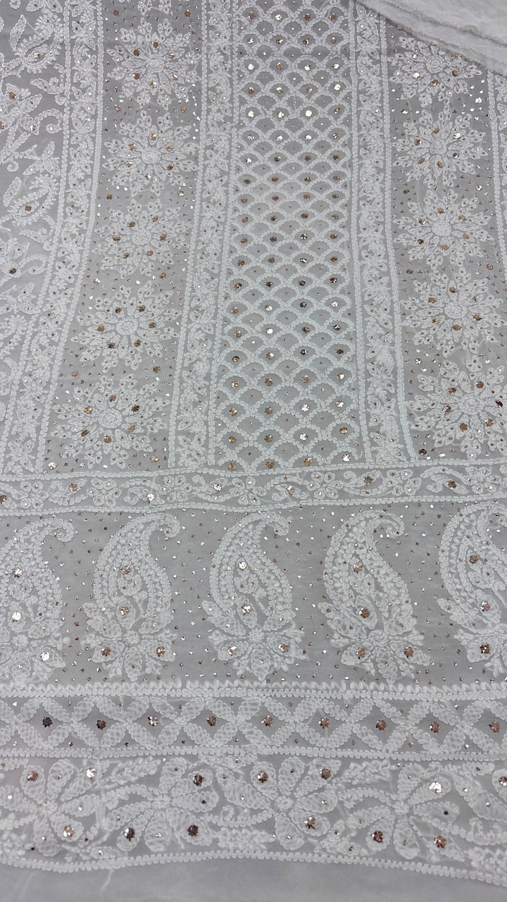Pure Viscose Georgette Chikankari And Mukesh Work Unstitched Suit.