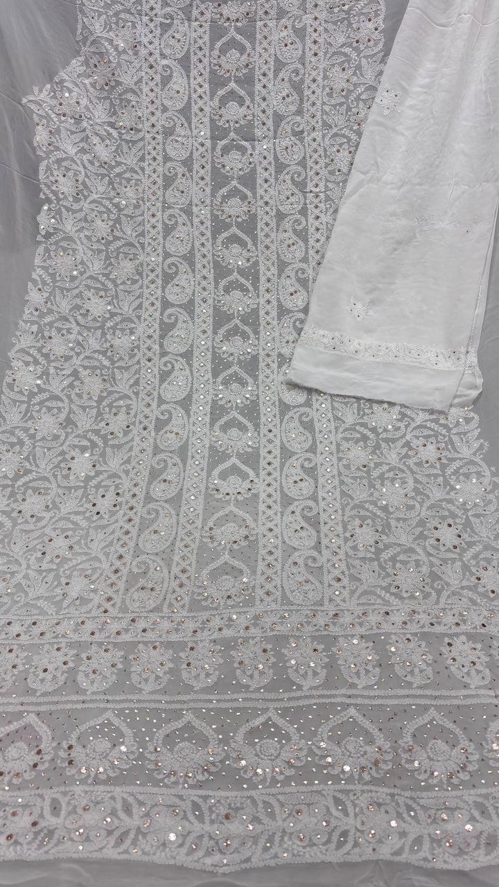 Pure Viscose Georgette Chikankari And Mukesh Work Unstitched Suit.